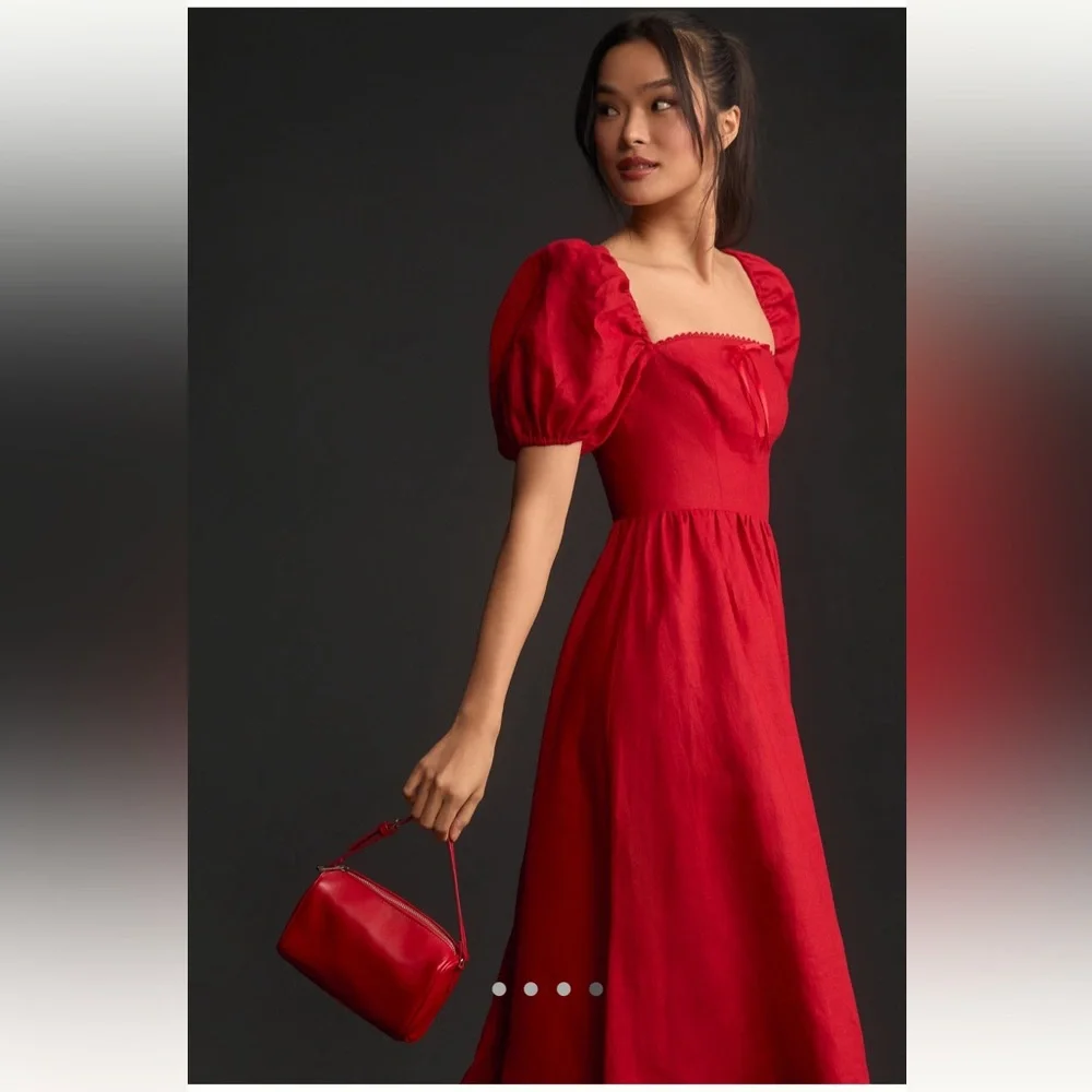 Reformation Marella Red Linen Puff Sleeve Dress 10 - Picture 3 of 7